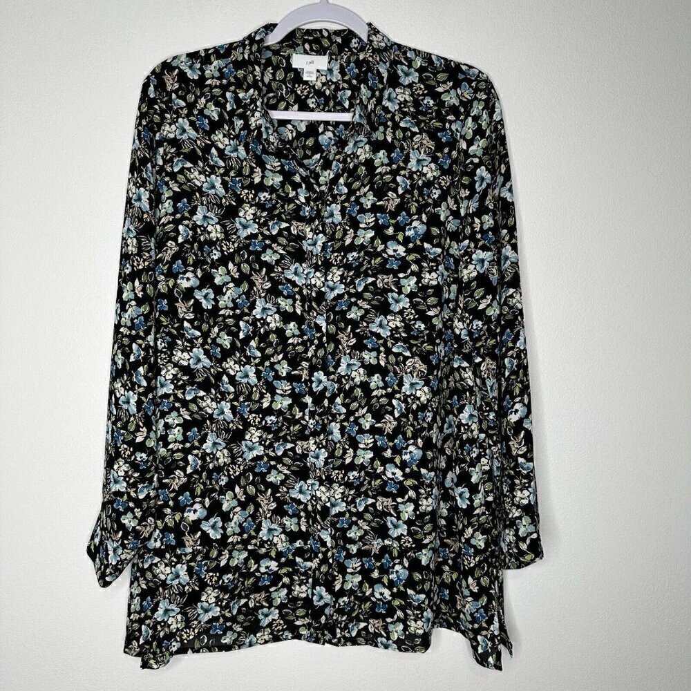 J Jill Floral Tunic‎ Top Button Front Black Blue Petite L